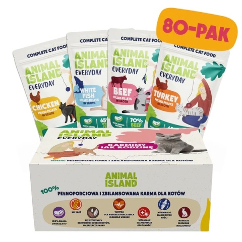 Animal Island - Kurczak, Wołowina, Indyk i Biała Ryba - 80x 85g - Everyday 80 Pak