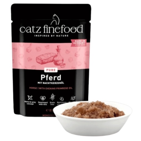 Catz Finefood PURE Konina 85 g - monobiałkowa mokra karma dla dorosłych kotów z 70% mięsa mięśniowego konia w saszetce - miska
