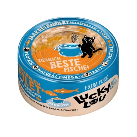 Lucky Lou Extrafood Makrela i dorada w bulionie 70 g - karma uzupełniająca dla kota z kawałkami ryb w puszce - bok