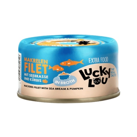 Lucky Lou Extrafood Makrela i dorada w bulionie 70 g - karma uzupełniająca dla kota z kawałkami ryb w puszce - front