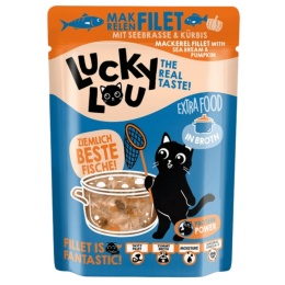Lucky Lou Extrafood Makrela i dorada w bulionie 70 g - karma uzupełniająca dla kota z kawałkami ryb w saszetce