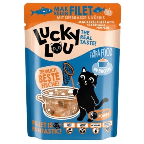 Lucky Lou Extrafood Makrela i dorada w bulionie 70 g - karma uzupełniająca dla kota z kawałkami ryb w saszetce