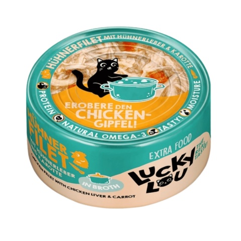Lucky Lou Extrafood Kurczak i wątróbka z kurczaka w bulionie 70 g - karma uzupełniająca dla kota w puszce pod kątem