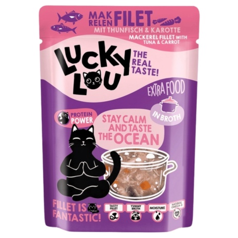 Lucky Lou Extrafood Makrela i tuńczyk w bulionie 70 g - karma uzupełniająca dla kota z kawałkami filetów rybnych w saszetce