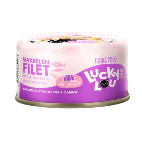 Lucky Lou Extrafood Makrela i tuńczyk w galaretce 70 g - karma uzupełniająca dla kota z kawałkami ryb w puszce - front