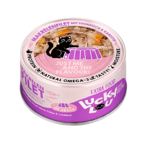 Lucky Lou Extrafood Makrela i tuńczyk w galaretce 70 g - karma uzupełniająca dla kota z kawałkami ryb w puszce - bok