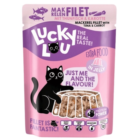Lucky Lou Extrafood Makrela i tuńczyk w galaretce 70 g - karma uzupełniająca dla kota z kawałkami filetów rybnych w saszetce