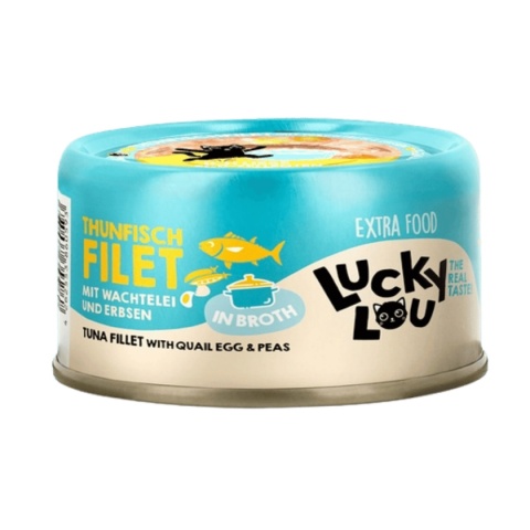 Lucky Lou Extrafood Tuńczyk i jajko przepiórcze w bulionie 70 g - karma uzupełniająca z filetem rybnym w puszce - front