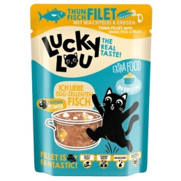 Lucky Lou Extrafood Tuńczyk i jajko przepiórcze w bulionie 70 g - karma uzupełniająca dla kota z filetem z tuńczyka w saszetce