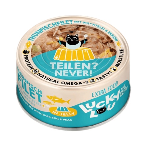 Lucky Lou Extrafood Tuńczyk i jajko przepiórcze w galaretce 70 g - karma uzupełniająca dla kota z kawałkami filetu w puszce bok