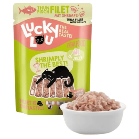 Lucky Lou Extrafood Tuńczyk i krewetki w galaretce 70 g - karma uzupełniająca dla kota w saszetce i misce